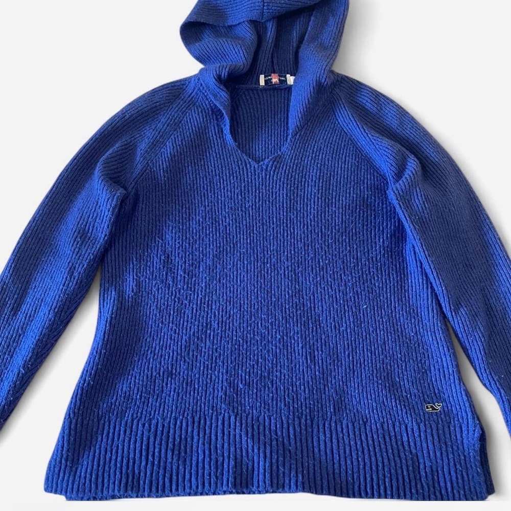 Vineyard Vines Blue Hooded Wool Blend Knit V-Neck  Sweater Size Small